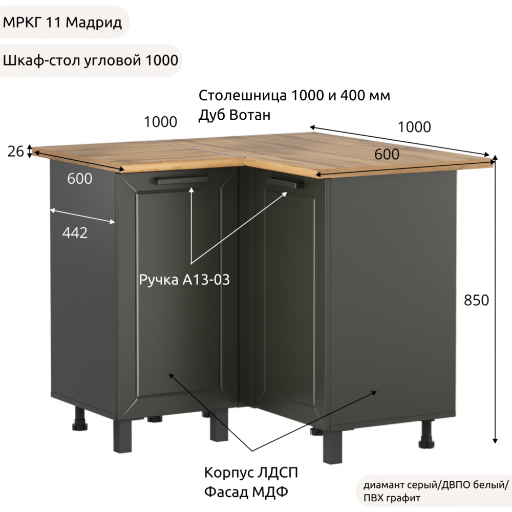 Шкаф-стол рабочий угловой низ "Кухня МРКГ 11/Мадрид" 1000х1000 мм