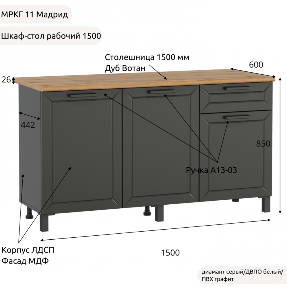 Шкаф-стол рабочий 1500 низ "Кухня МРКГ 11/Мадрид"